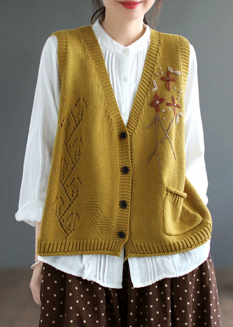 Gilet Élégant En Tricot De Coton Jaune Avec Boutons Et Col En V Sans Manches