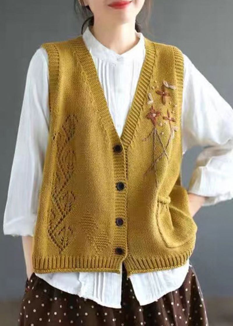 Gilet Élégant En Tricot De Coton Jaune Avec Boutons Et Col En V Sans Manches - Cardigans femmes