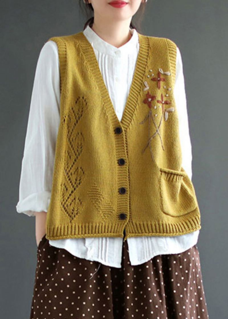 Gilet Élégant En Tricot De Coton Jaune Avec Boutons Et Col En V Sans Manches - Cardigans femmes