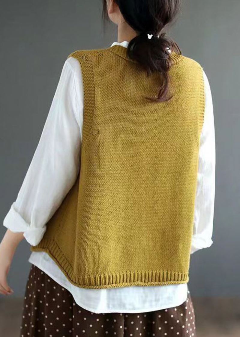 Gilet Élégant En Tricot De Coton Jaune Avec Boutons Et Col En V Sans Manches - Cardigans femmes