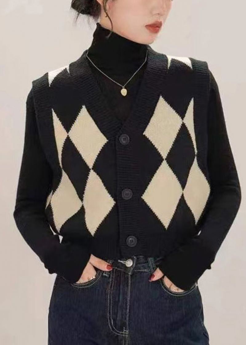 Gilet Français Noir En Tricot Patchwork Avec Boutons Et Col En V Sans Manches