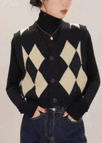 Gilet Français Noir En Tricot Patchwork Avec Boutons Et Col En V Sans Manches