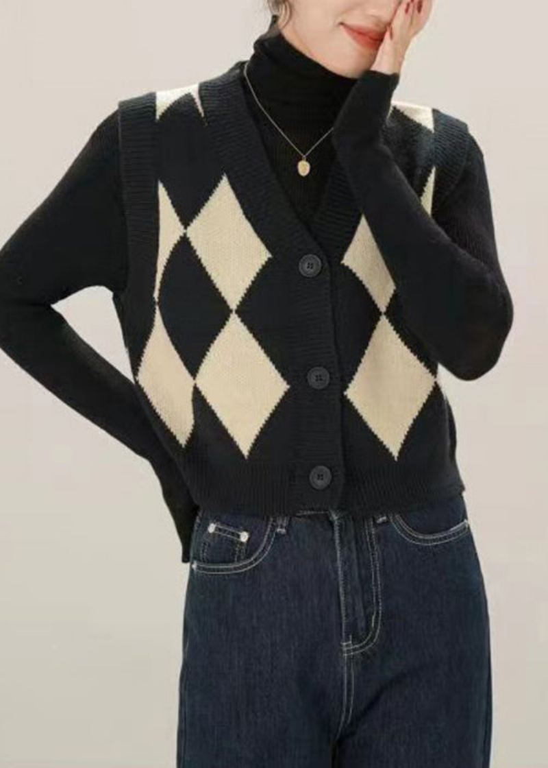 Gilet Français Noir En Tricot Patchwork Avec Boutons Et Col En V Sans Manches - Cardigans femmes