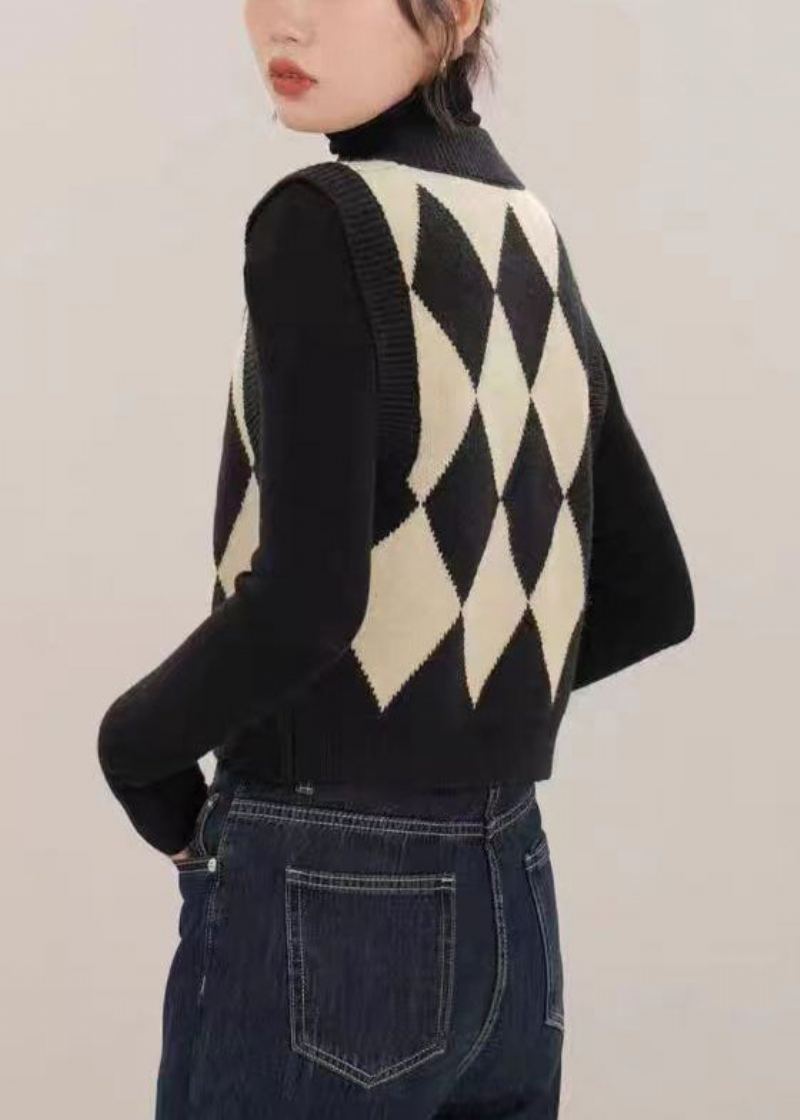 Gilet Français Noir En Tricot Patchwork Avec Boutons Et Col En V Sans Manches - Cardigans femmes