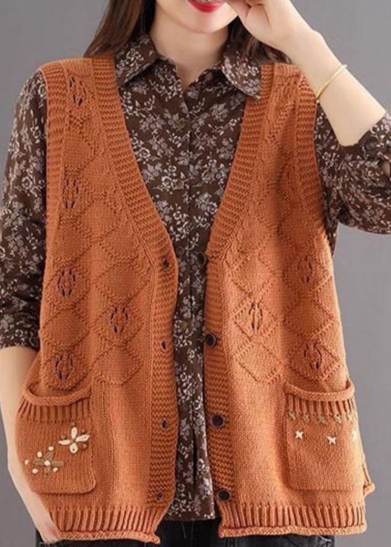 Gilet Orange En Tricot De Coton Pour Femmes Col En V Poches Boutonnées Sans Manches - Cardigans femmes