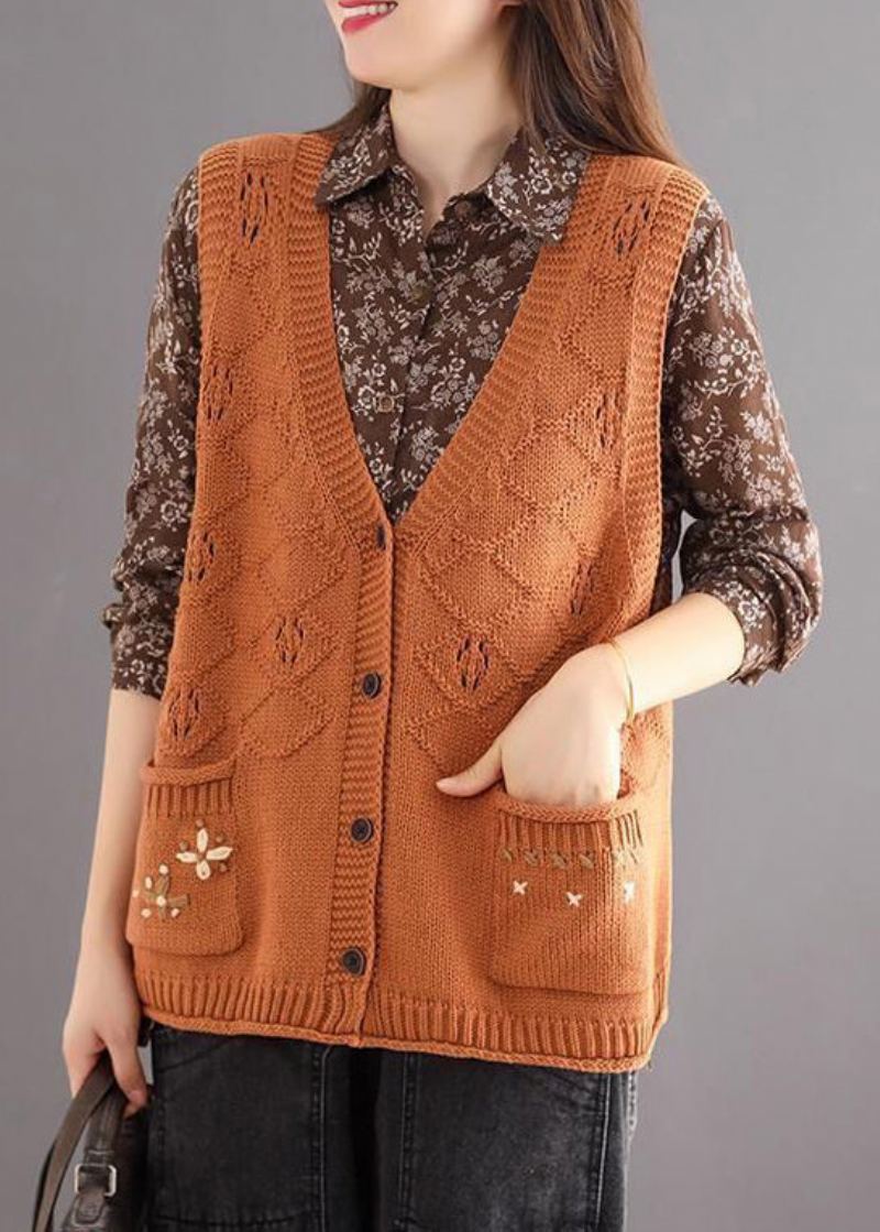 Gilet Orange En Tricot De Coton Pour Femmes Col En V Poches Boutonnées Sans Manches - Cardigans femmes