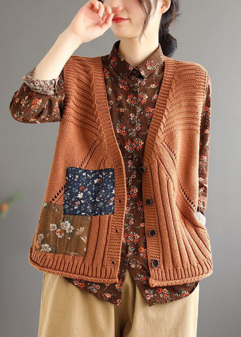 Gilet Sans Manches En Tricot De Coton Confortable Pour Femmes Patchwork De Boutons Orange