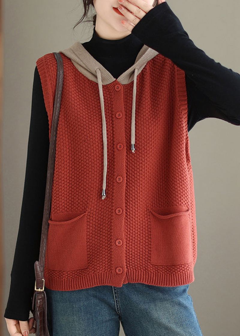 Gilet Sans Manches En Tricot De Coton Pour Femmes Orange Rouge Bouton À Capuche - Cardigans femmes