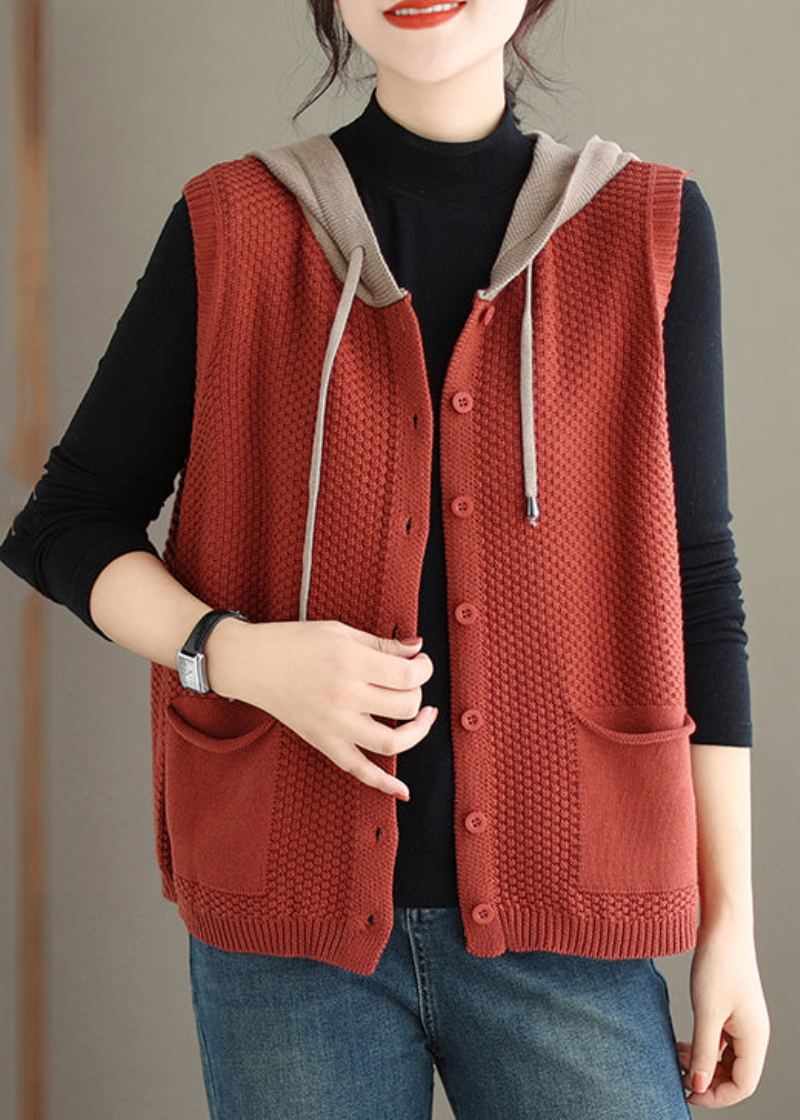 Gilet Sans Manches En Tricot De Coton Pour Femmes Orange Rouge Bouton À Capuche - Cardigans femmes