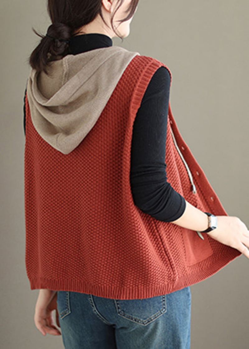 Gilet Sans Manches En Tricot De Coton Pour Femmes Orange Rouge Bouton À Capuche - Cardigans femmes