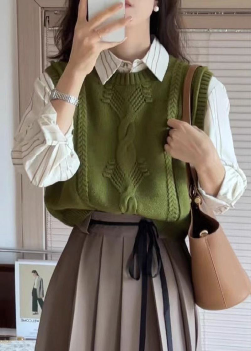 Gilet Sans Manches En Tricot De Coton Pour Femmes Vert Col Rond Patchwork Confortable