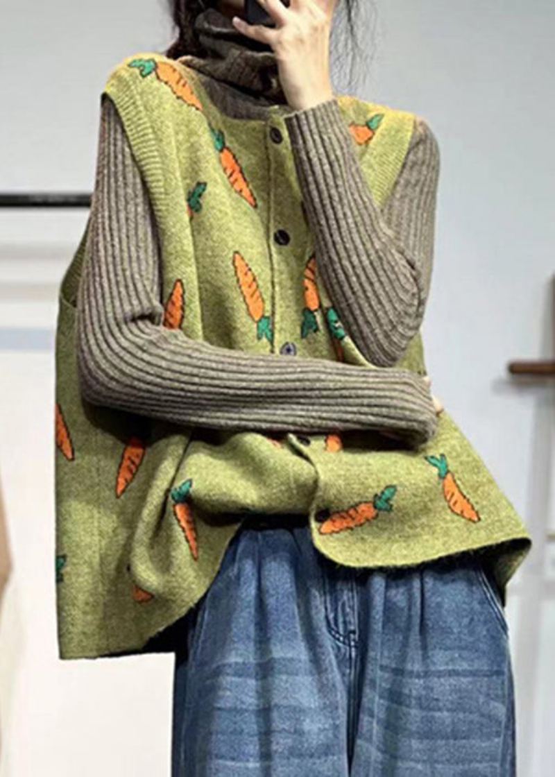 Gilet En Tricot Ample Jaune À Col Rond Imprimé Boutonné Sans Manches - Cardigans femmes