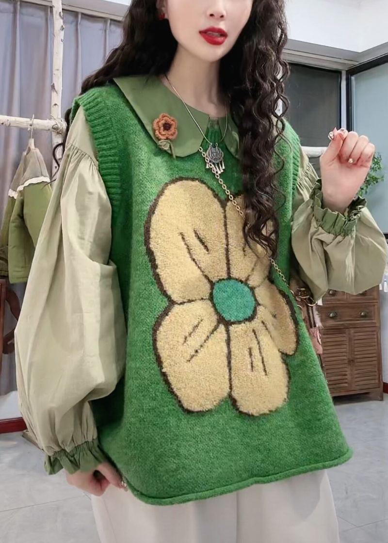 Gilet En Tricot Confortable À Col Rond Vert Fleuri Sans Manches