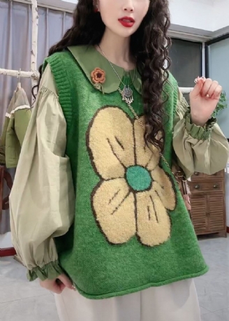 Gilet En Tricot Confortable À Col Rond Vert Fleuri Sans Manches