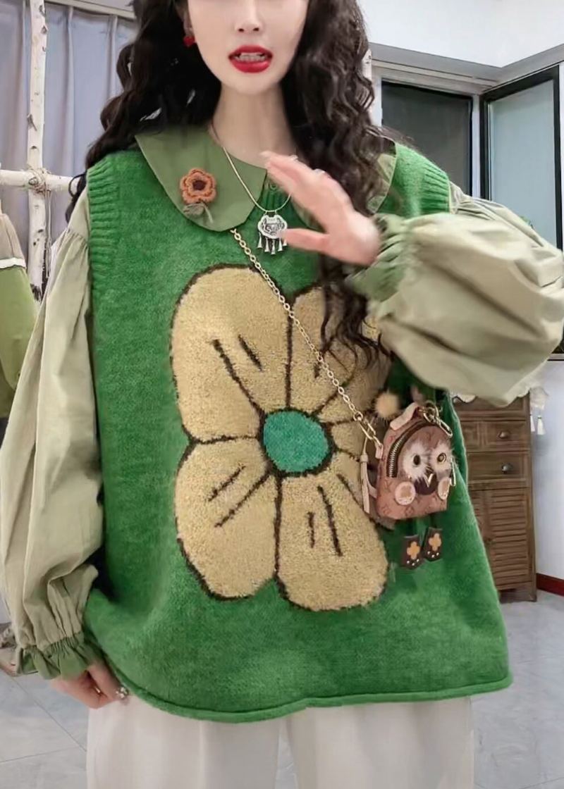 Gilet En Tricot Confortable À Col Rond Vert Fleuri Sans Manches - Cardigans femmes