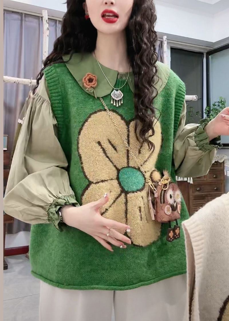 Gilet En Tricot Confortable À Col Rond Vert Fleuri Sans Manches - Cardigans femmes