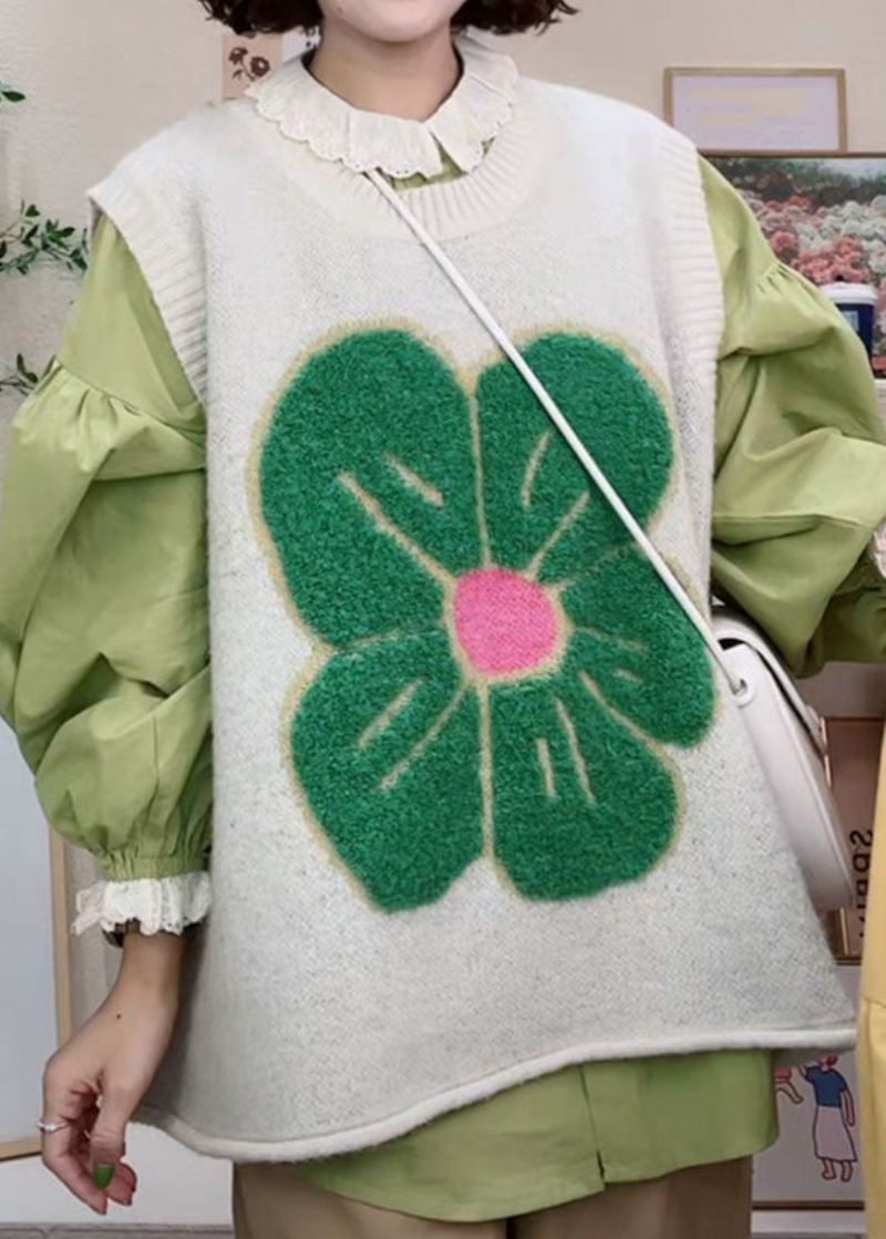 Gilet En Tricot Confortable À Col Rond Vert Fleuri Sans Manches - Cardigans femmes