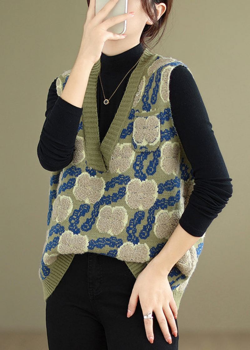 Gilet En Tricot Confortable À Col En V Vert Floral Sans Manches - Cardigans femmes