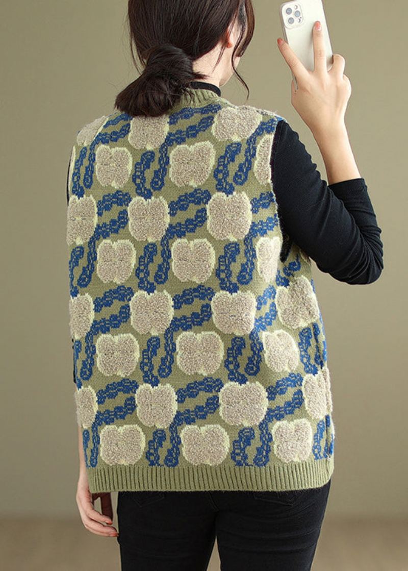 Gilet En Tricot Confortable À Col En V Vert Floral Sans Manches - Cardigans femmes