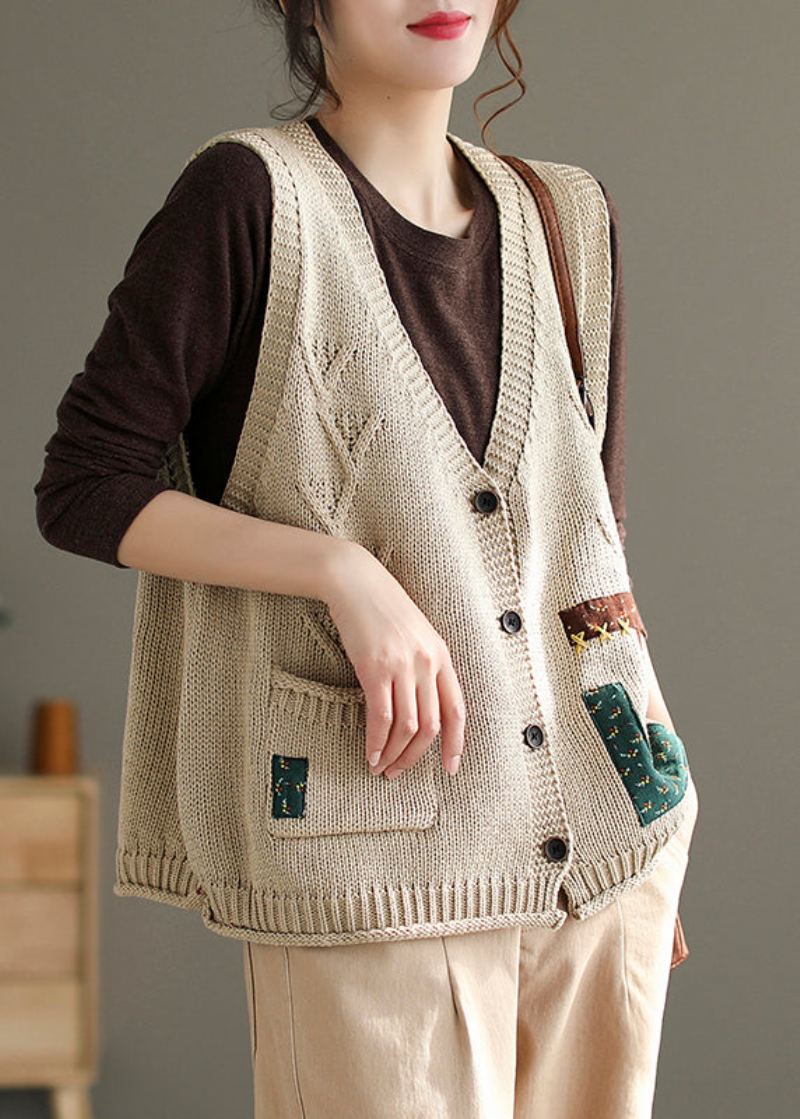 Gilet En Tricot De Coton Beige Français Col En V Poches Boutonnées Sans Manches