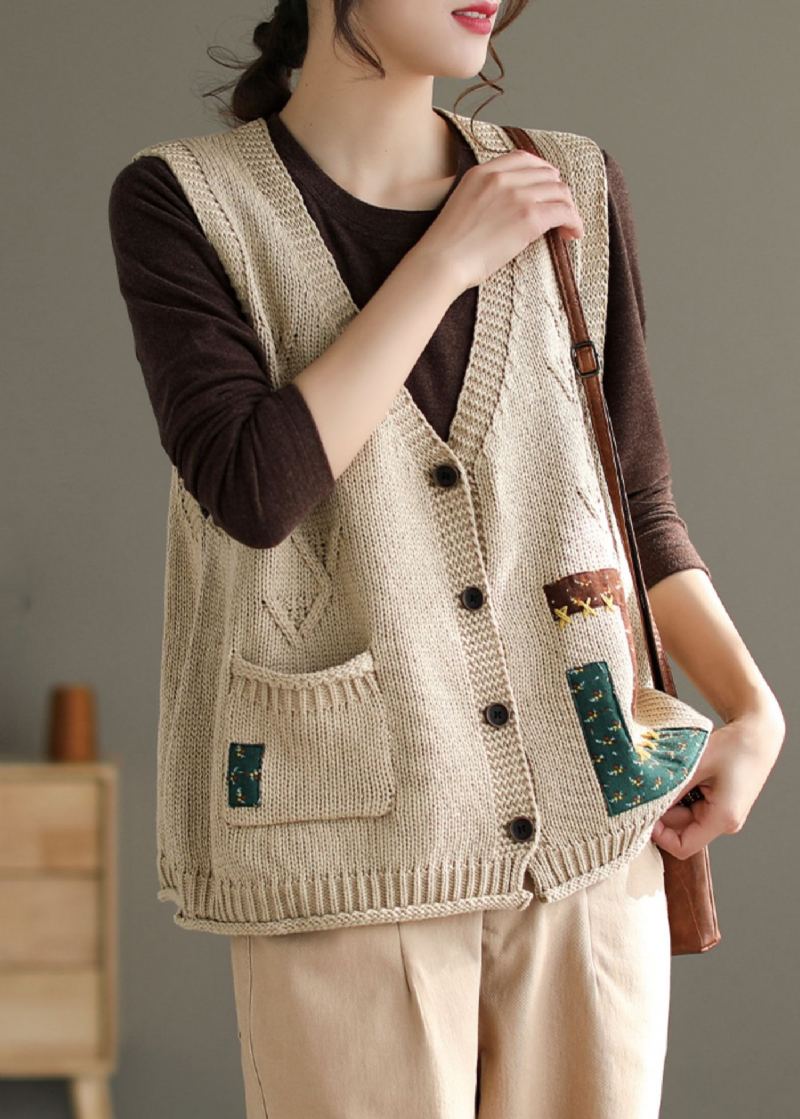 Gilet En Tricot De Coton Beige Français Col En V Poches Boutonnées Sans Manches - Cardigans femmes