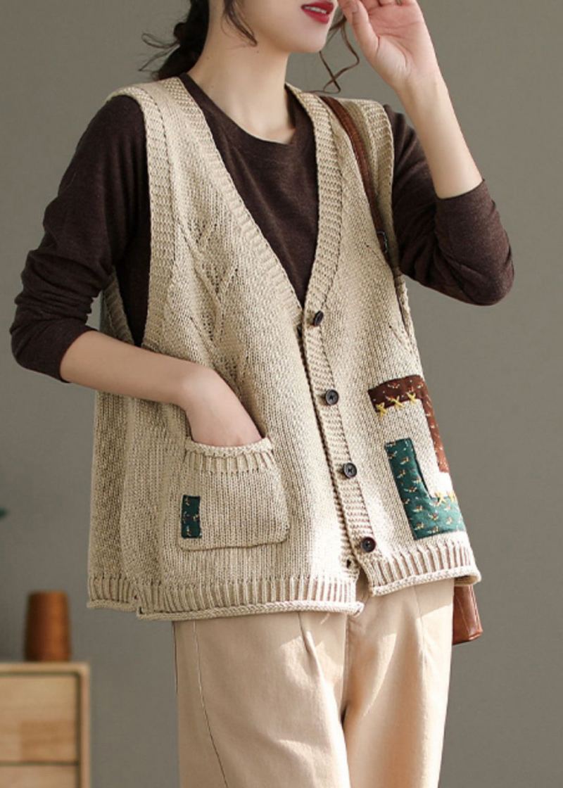 Gilet En Tricot De Coton Beige Français Col En V Poches Boutonnées Sans Manches - Cardigans femmes