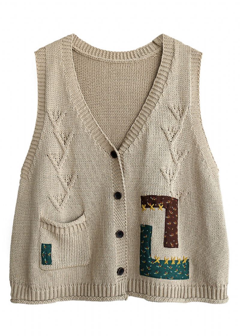 Gilet En Tricot De Coton Beige Français Col En V Poches Boutonnées Sans Manches - Cardigans femmes