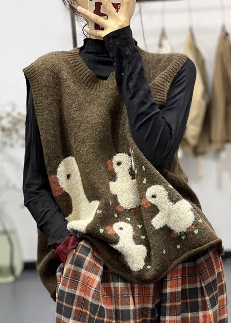 Gilet En Tricot De Coton Confortable À Col Rond Et Sans Manches En Jacquard Chocolat