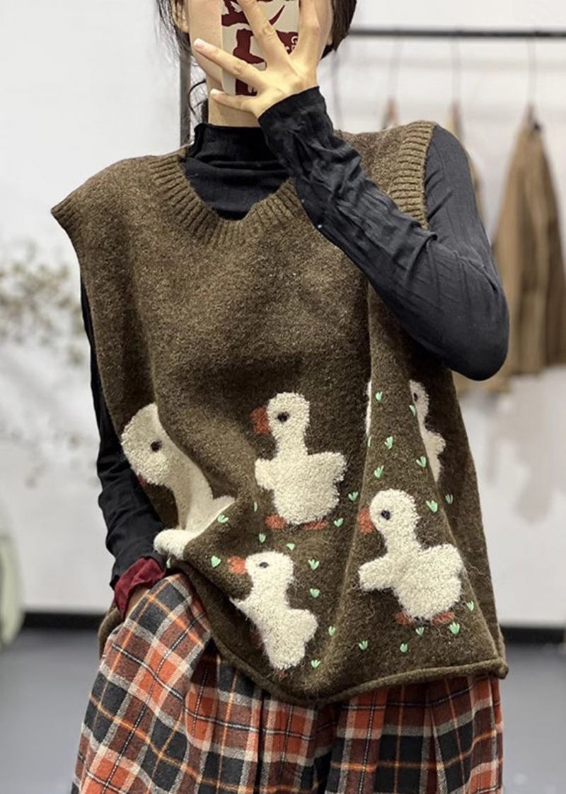 Gilet En Tricot De Coton Confortable À Col Rond Et Sans Manches En Jacquard Chocolat - Cardigans femmes