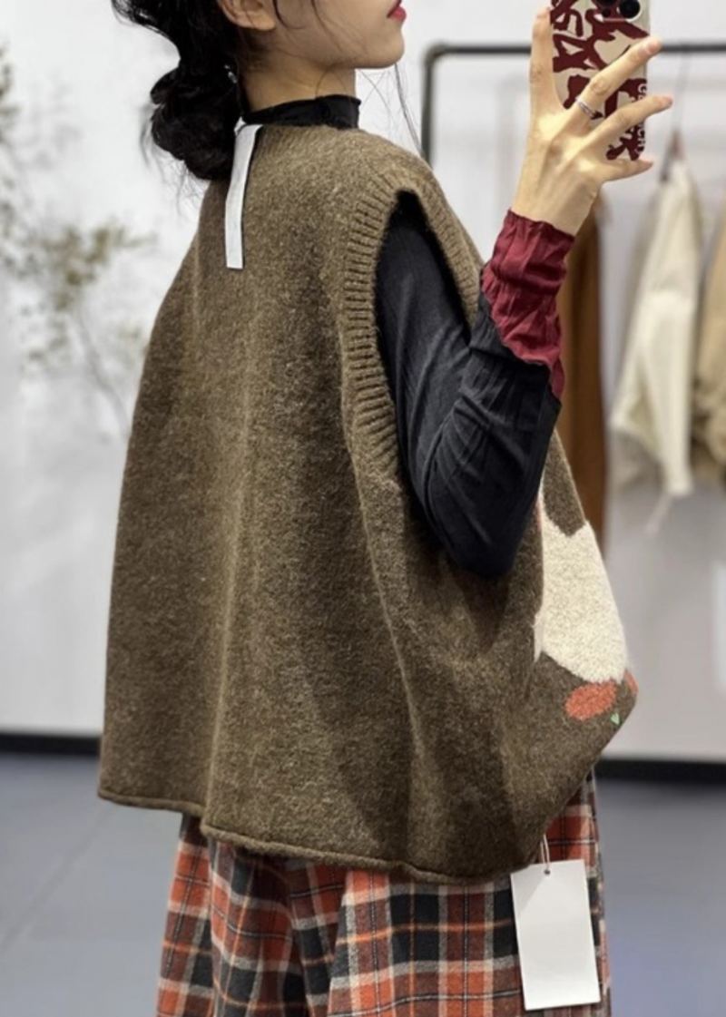 Gilet En Tricot De Coton Confortable À Col Rond Et Sans Manches En Jacquard Chocolat - Cardigans femmes