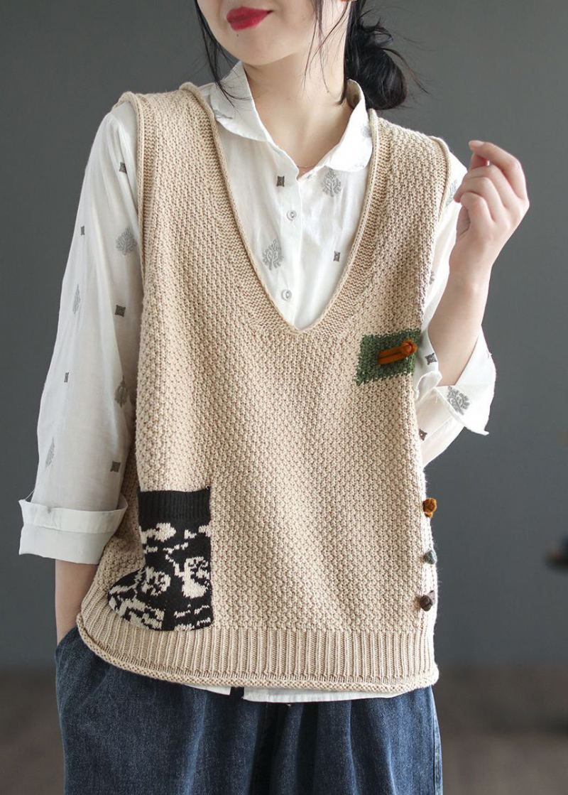 Gilet En Tricot De Coton Confortable En Patchwork Beige Italien À Col En V Sans Manches