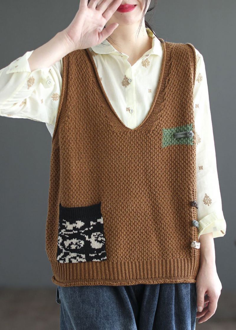 Gilet En Tricot De Coton Confortable En Patchwork Beige Italien À Col En V Sans Manches - Cardigans femmes