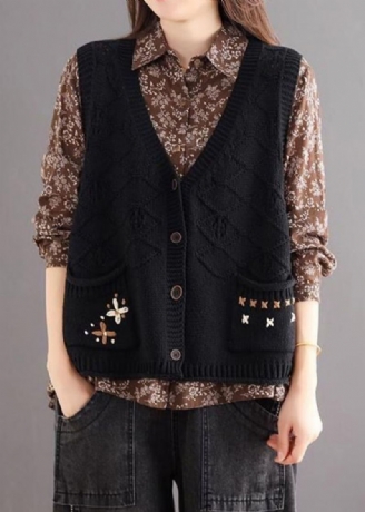 Gilet En Tricot De Coton Confortable Patchwork De Boutons Noirs Col En V Automne