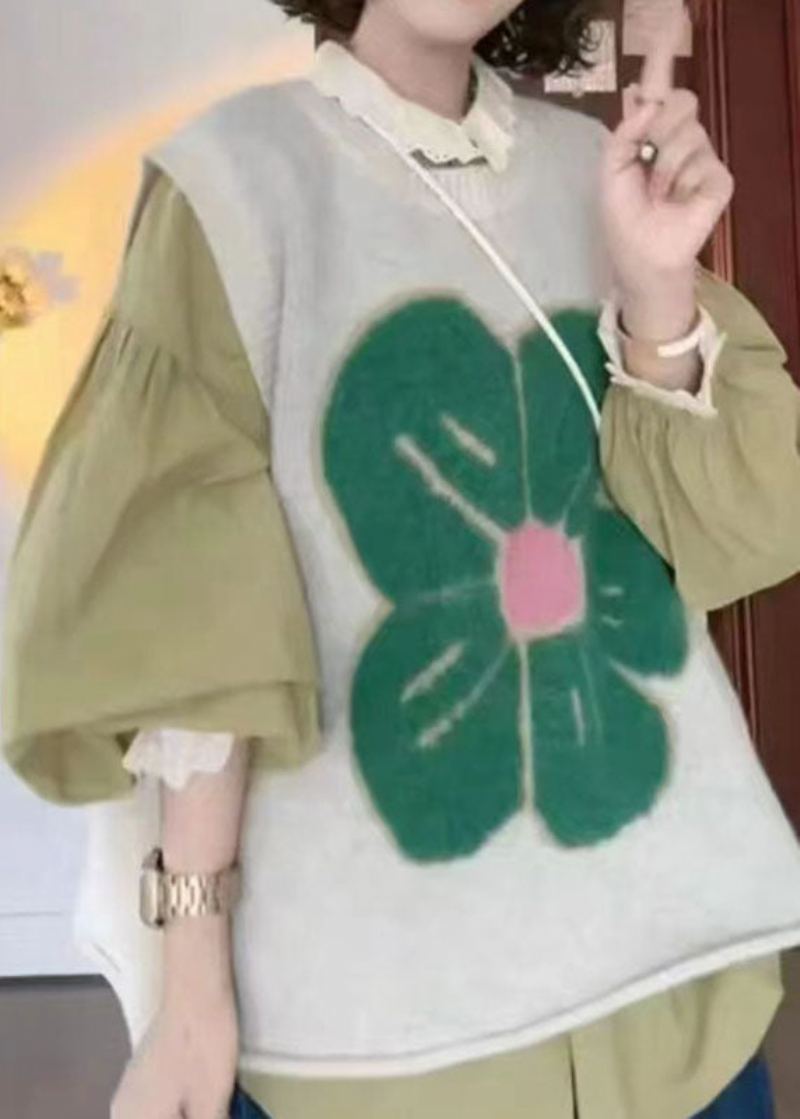 Gilet En Tricot De Coton Imprimé Col Rond Vert Diy Automne - Vert