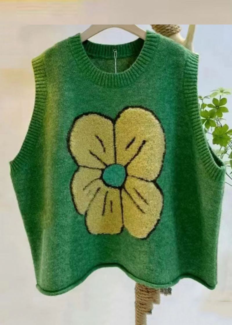 Gilet En Tricot De Coton Imprimé Col Rond Vert Diy Automne - Vert