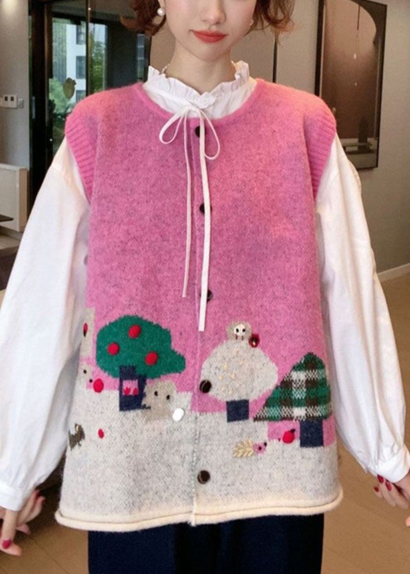 Gilet En Tricot De Coton Patchwork Rose Français Sans Manches