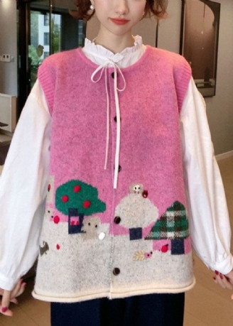 Gilet En Tricot De Coton Patchwork Rose Français Sans Manches