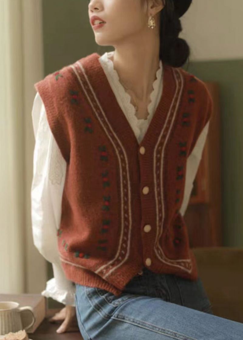 Gilet En Tricot Patchwork Boutonné Rouge Italien À Col En V Sans Manches - Cardigans femmes