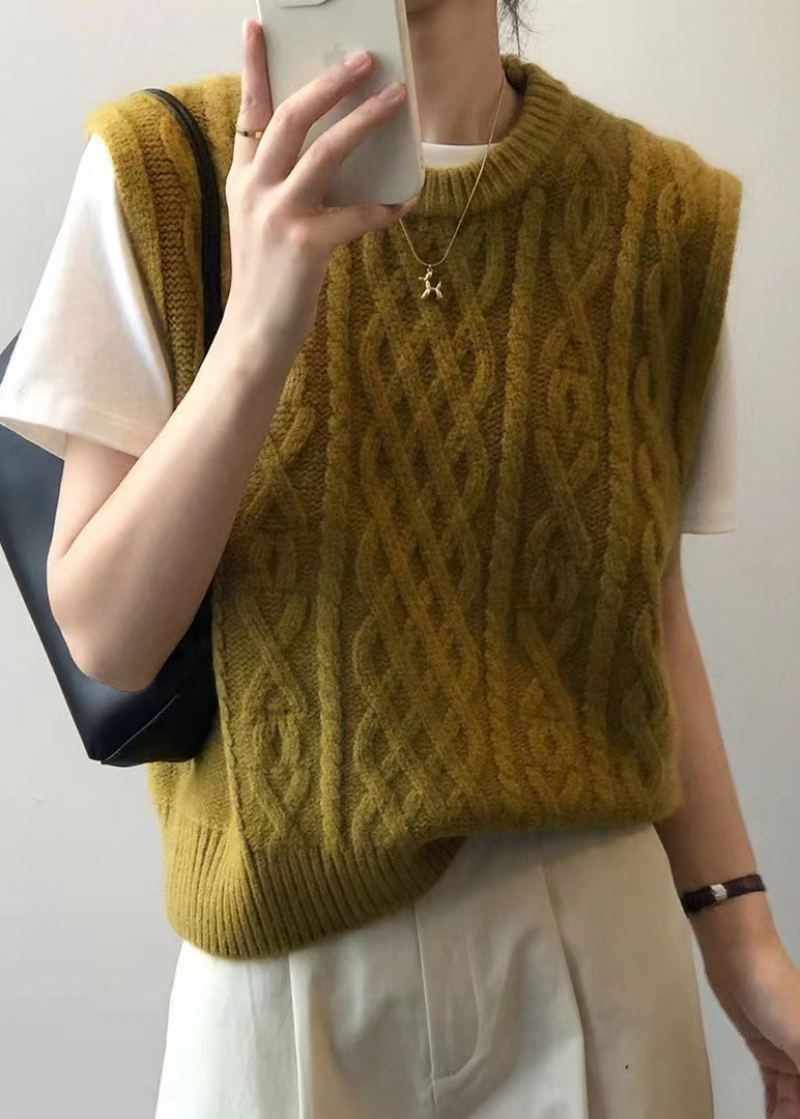 Gilet En Tricot Torsadé Patchwork Jaune Simple À Col Rond Sans Manches