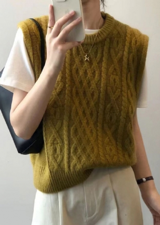 Gilet En Tricot Torsadé Patchwork Jaune Simple À Col Rond Sans Manches