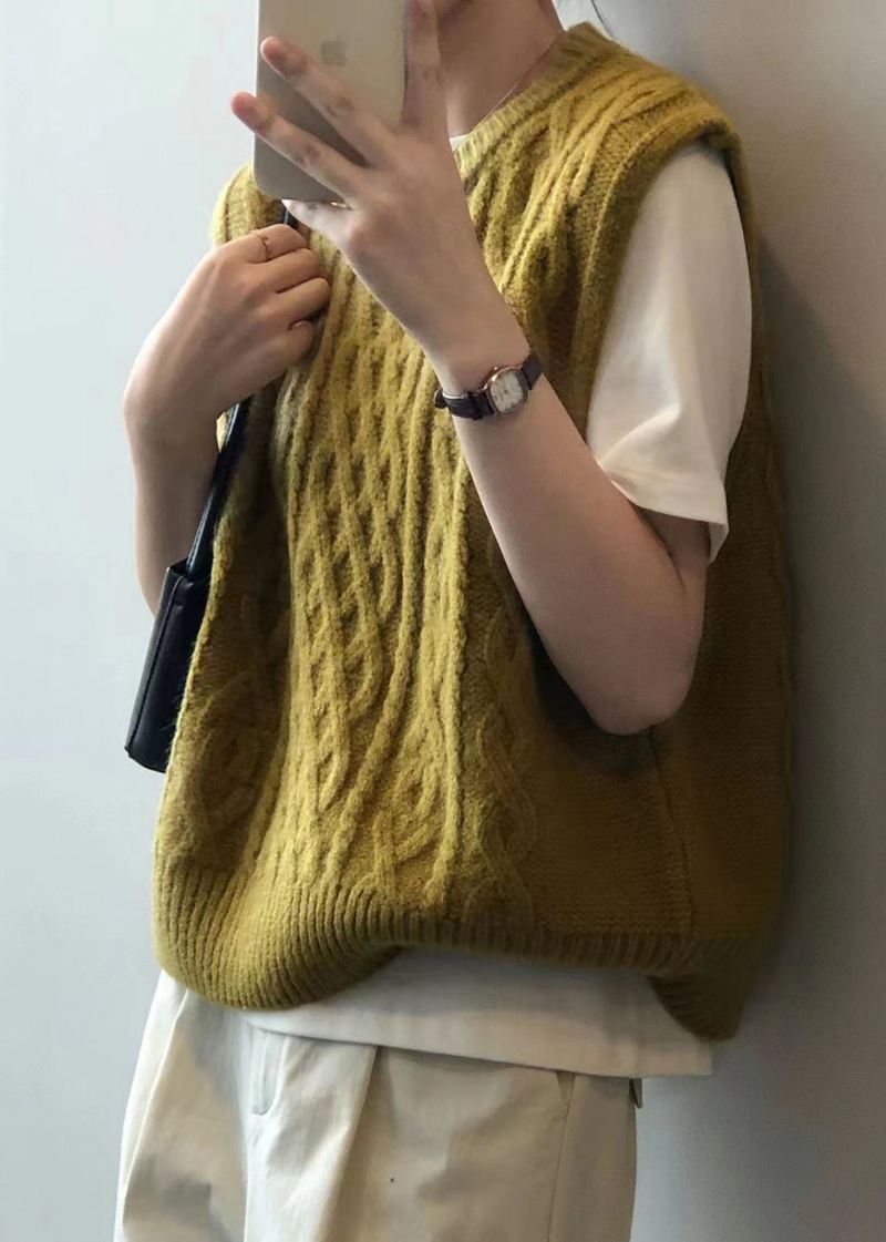 Gilet En Tricot Torsadé Patchwork Jaune Simple À Col Rond Sans Manches - Cardigans femmes