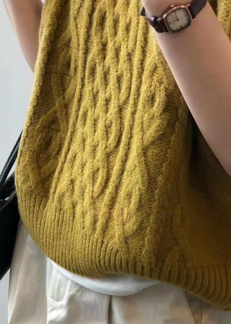 Gilet En Tricot Torsadé Patchwork Jaune Simple À Col Rond Sans Manches - Cardigans femmes