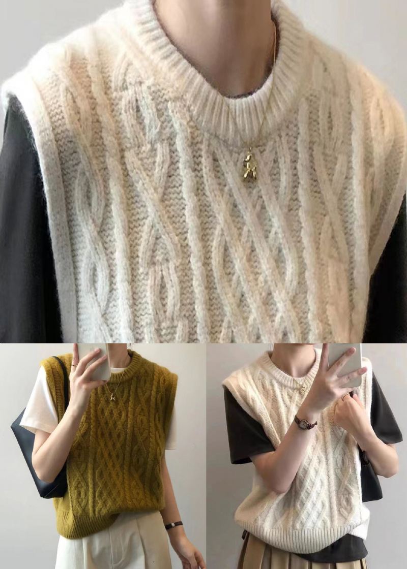 Gilet En Tricot Torsadé Patchwork Jaune Simple À Col Rond Sans Manches - Cardigans femmes