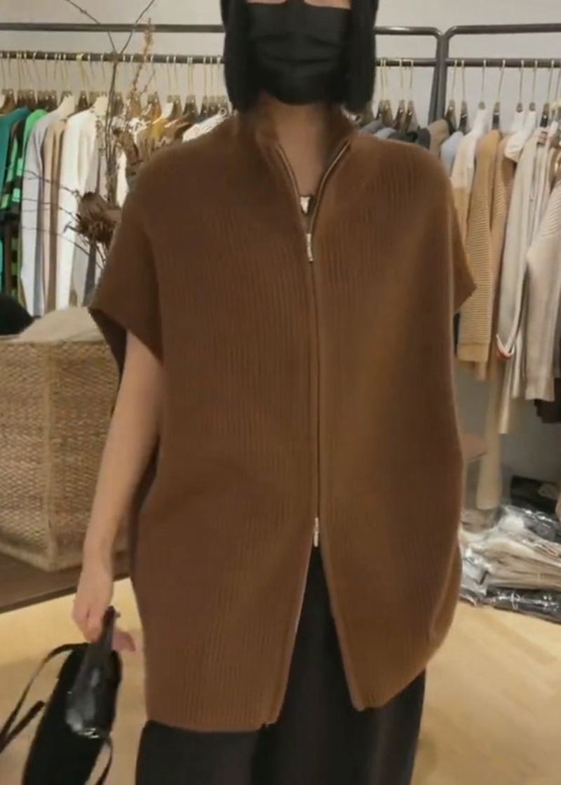 Gilet En Tricot Zippé À Col Montant Café Français Sans Manches - Cardigans femmes