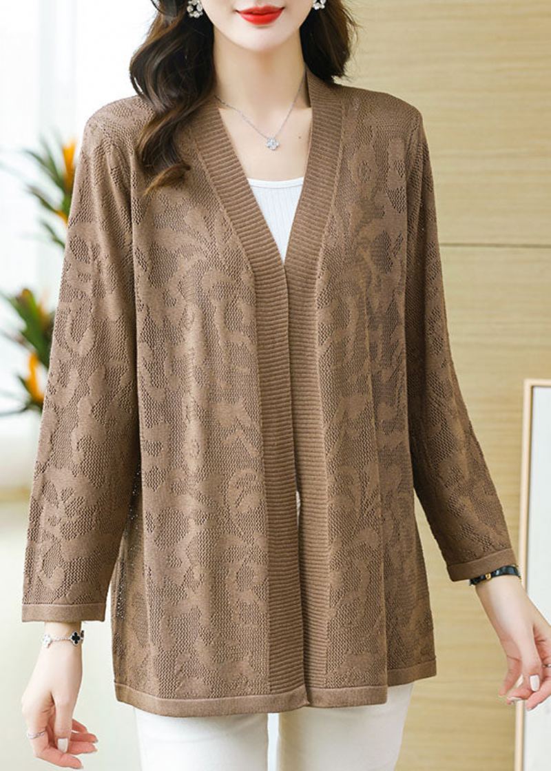 Grande Taille Café Patchwork Solide Mince Tricot Cardigan À Manches Longues