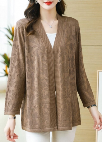 Grande Taille Café Patchwork Solide Mince Tricot Cardigan À Manches Longues