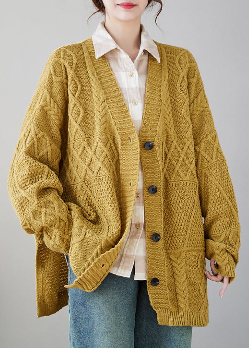 Grande Taille Décontracté Jaune Col En V Bouton Tricot Cardigans Manteau Automne