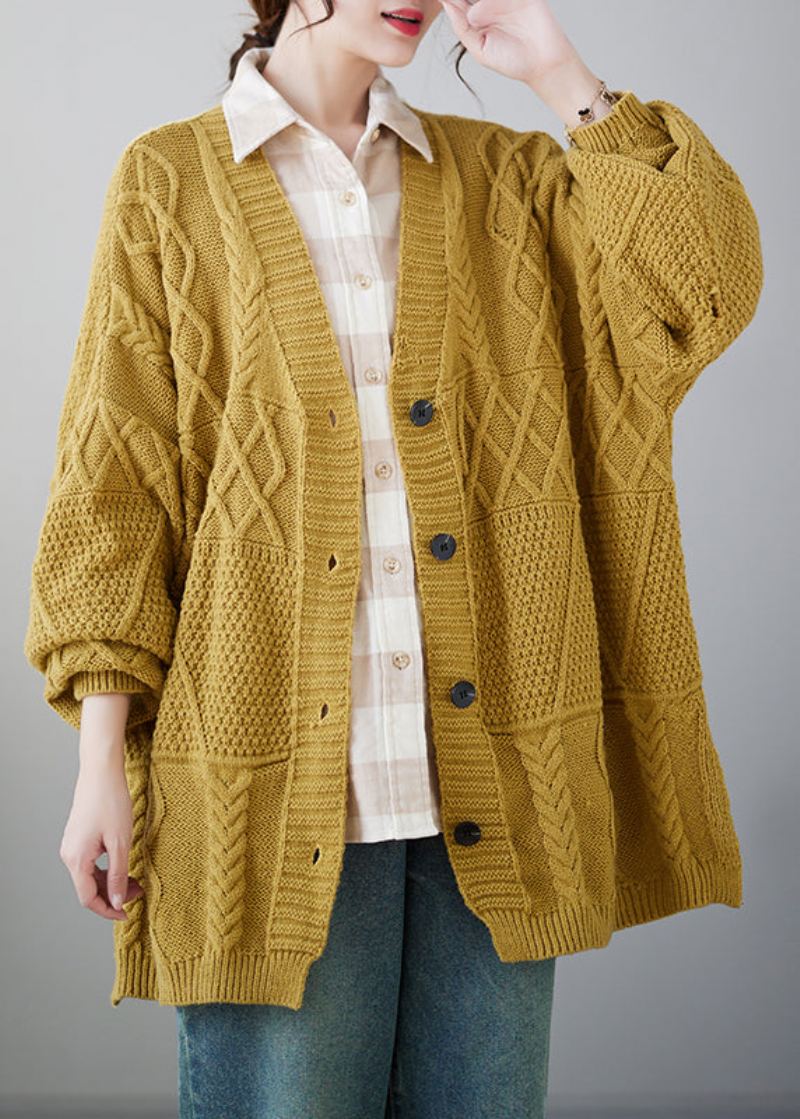 Grande Taille Décontracté Jaune Col En V Bouton Tricot Cardigans Manteau Automne - Cardigans femmes