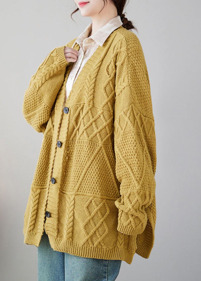 Grande Taille Décontracté Jaune Col En V Bouton Tricot Cardigans Manteau Automne - Cardigans femmes