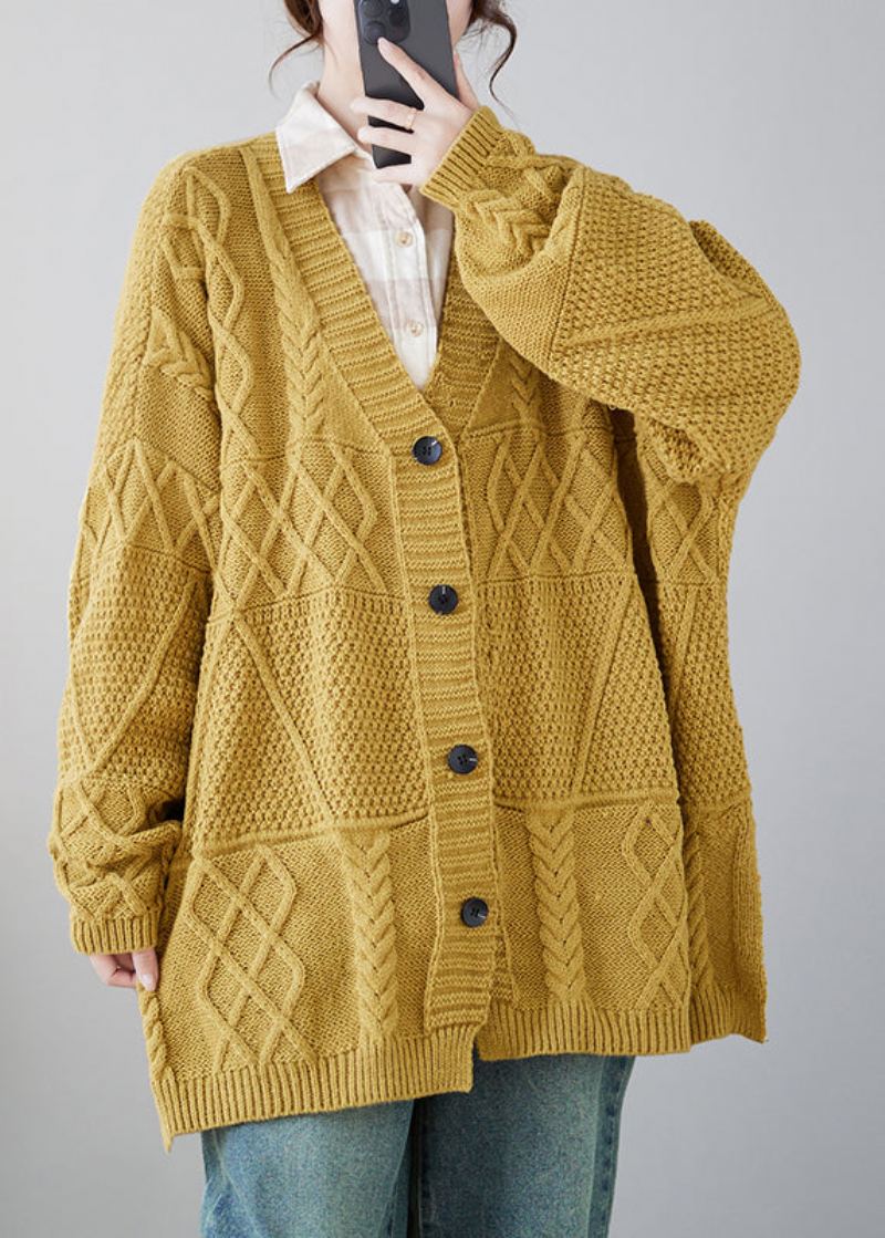 Grande Taille Décontracté Jaune Col En V Bouton Tricot Cardigans Manteau Automne - Cardigans femmes